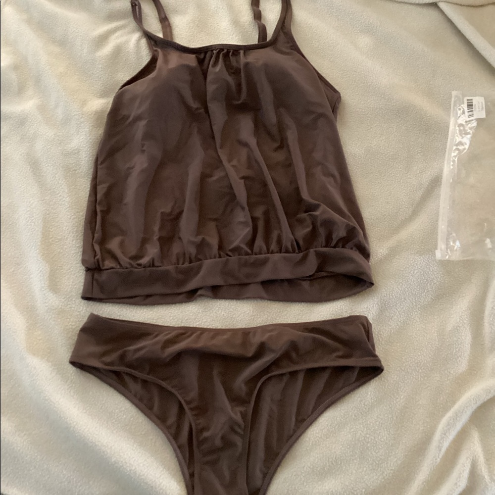 Solid Color Strap Tankini - Brown